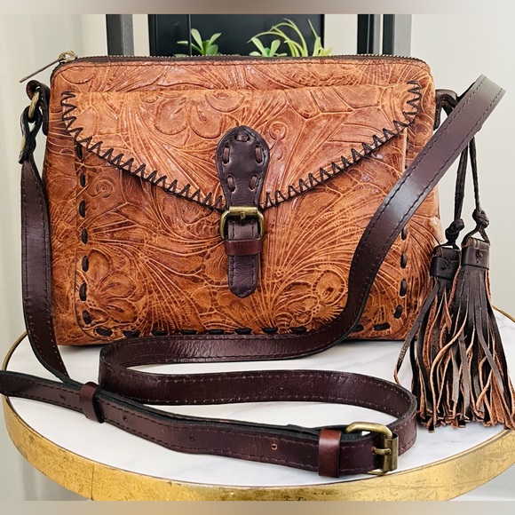 Patricia Nash Handbags - Patricia Nash  Brown Crossbody Bag Italian leather with Vintage Floral Tooling.